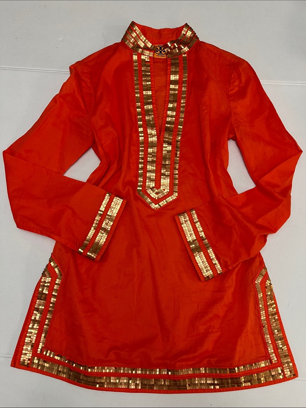 TORY BURCH Gold Sequins V-Neck Orange Caftan Tunic cotton size 2 Resortwear